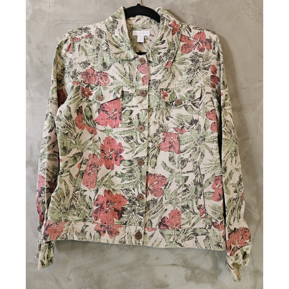 Charter Club Women’s Floral Linen Button Front Jacket Long Sleeve Size M